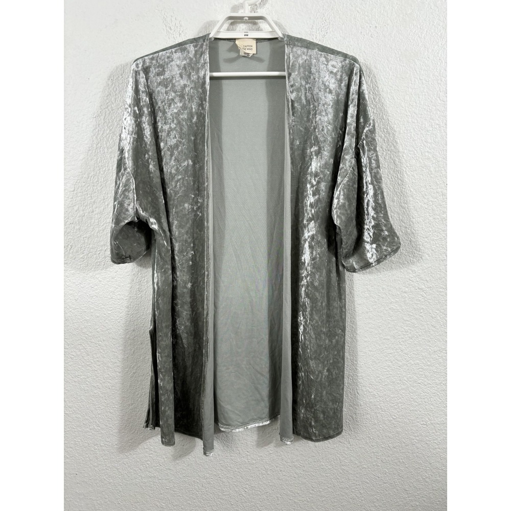 Caution To The Wind Duster Cardigan M Gray ish Green Crushed Velvet Open Front